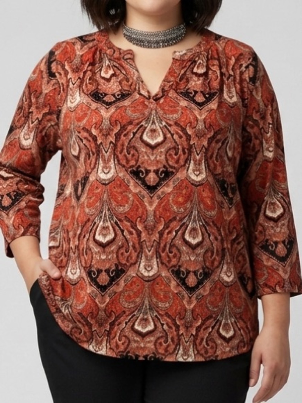 ROZ & ALI Orange Blouse Large Stretch